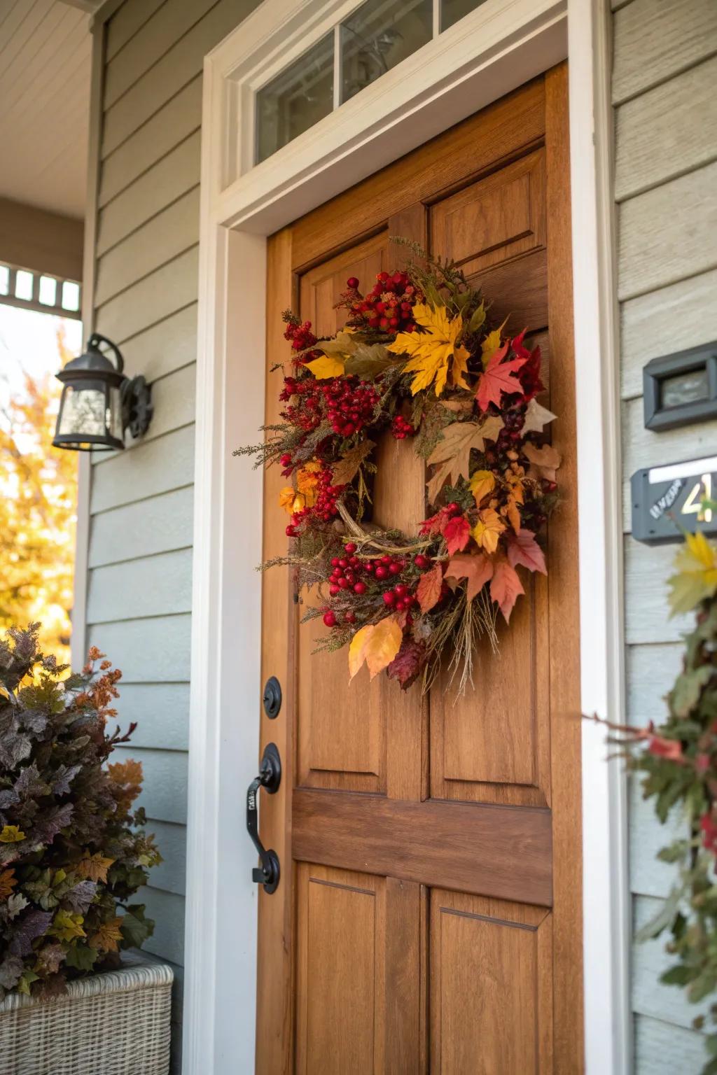 A seasonal wreath adds a welcoming touch to your back door.