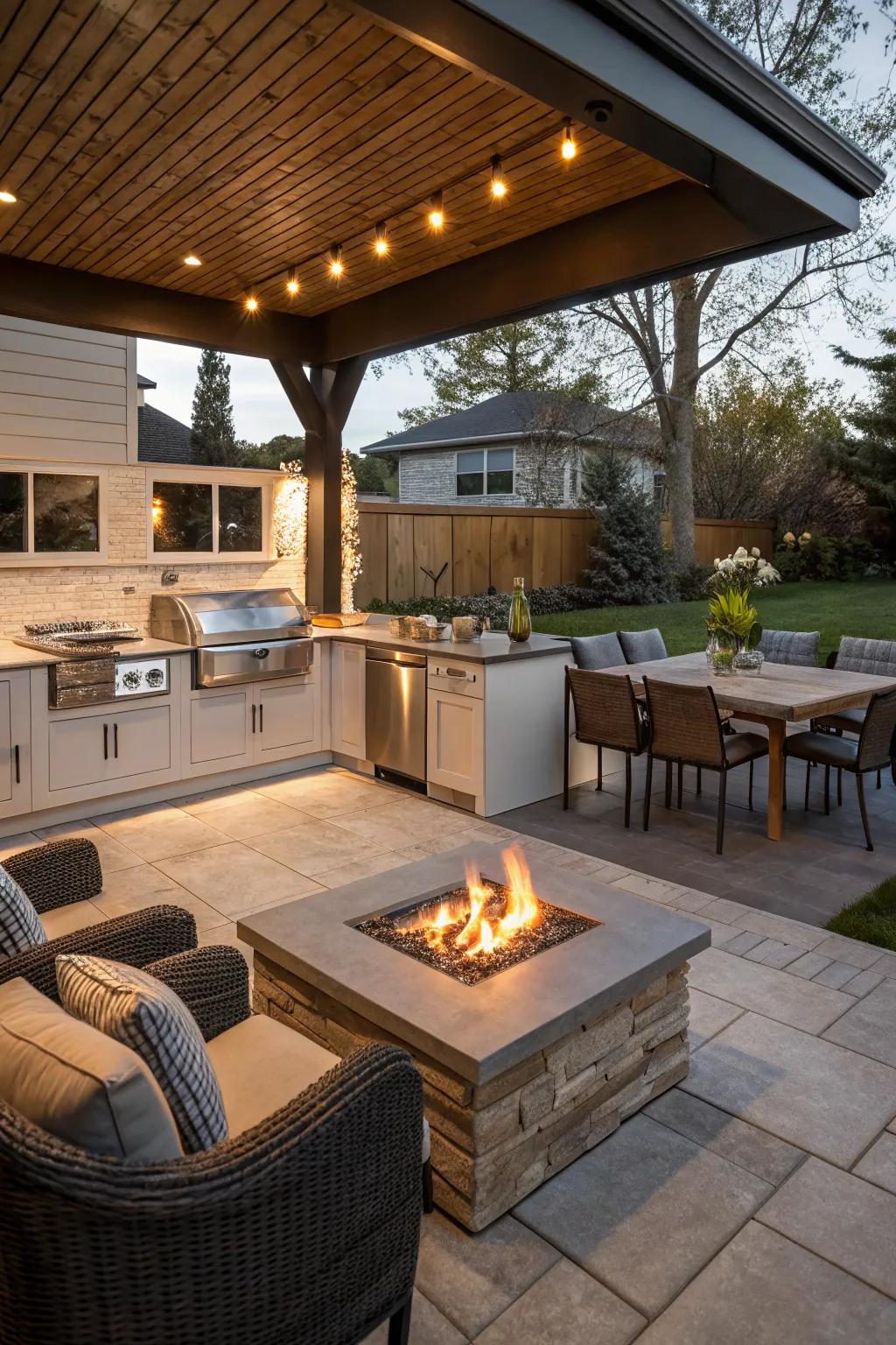 A stylish fire pit enhances the ambiance of this back patio kitchen.
