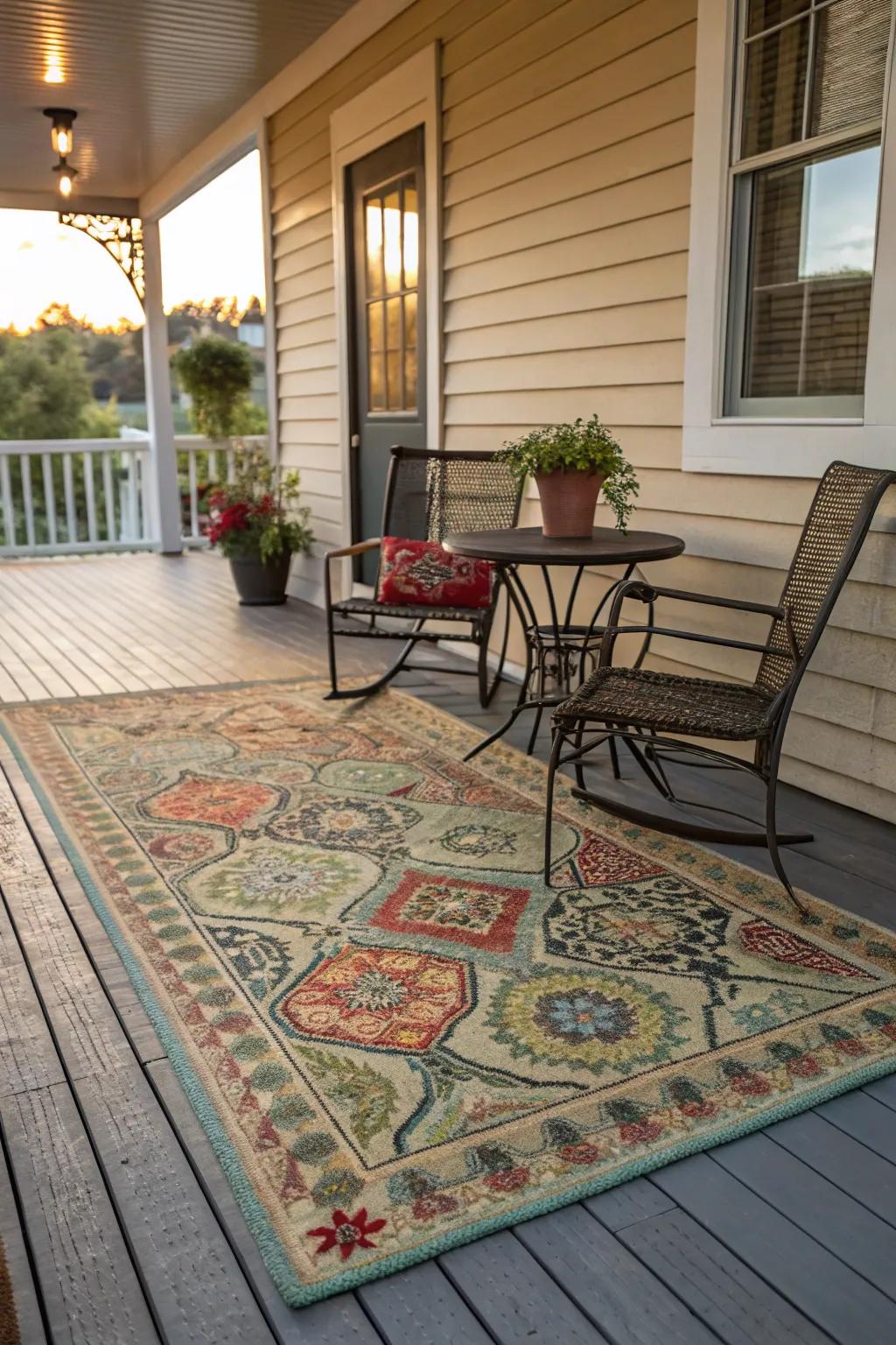 A decorative rug adds texture and color to your back porch.