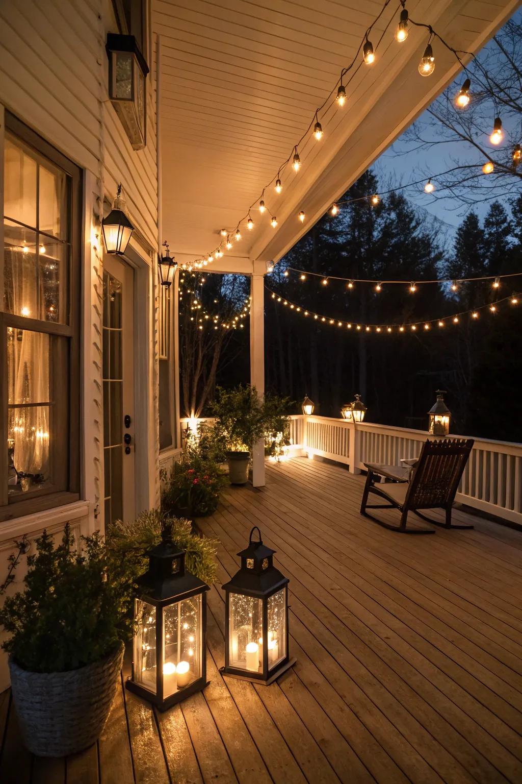 Ambient lighting transforms your porch into a magical evening retreat.