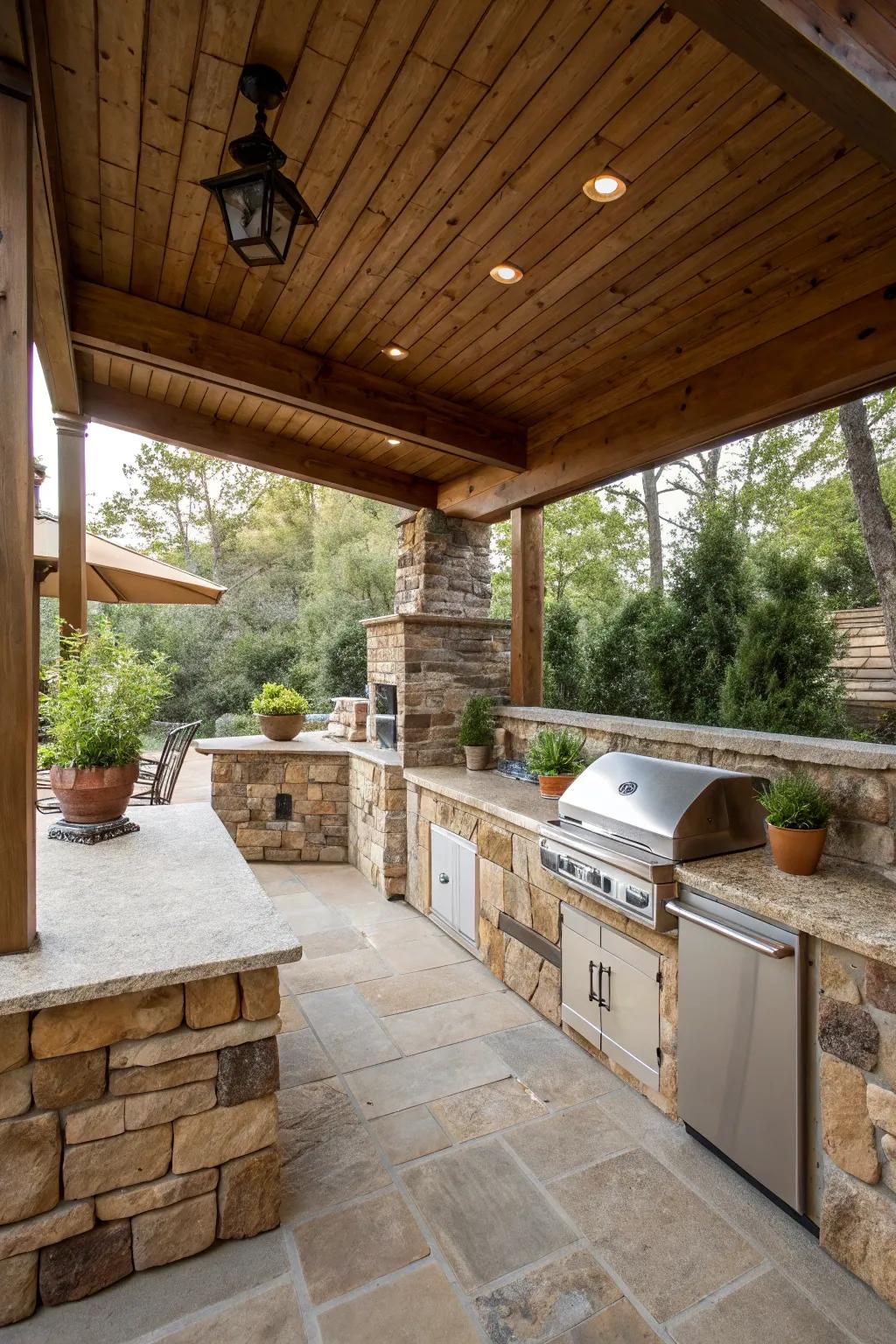 Stone accents create a natural and elegant outdoor kitchen design.