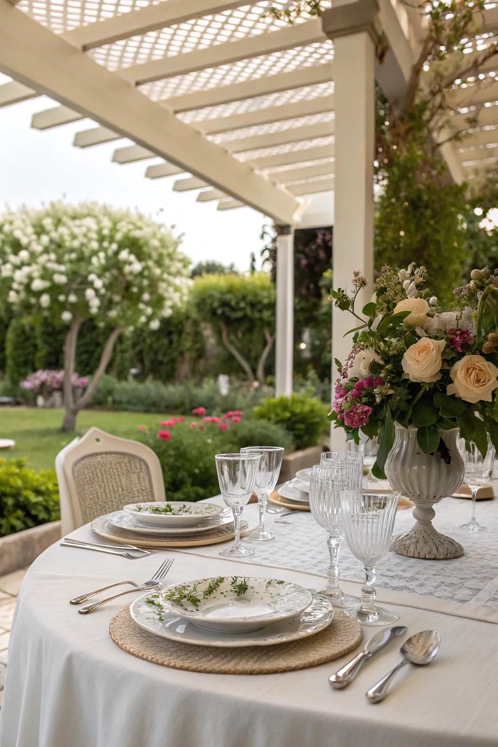 A stylish dining area under a pergola, ready for gatherings.