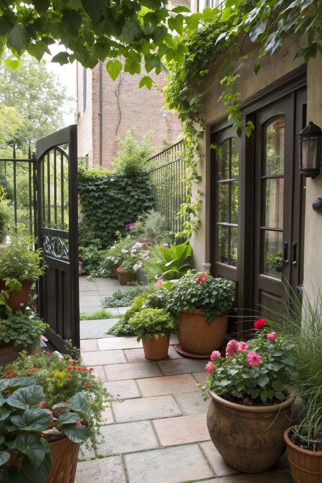 Lush greenery brings life and color to the patio.
