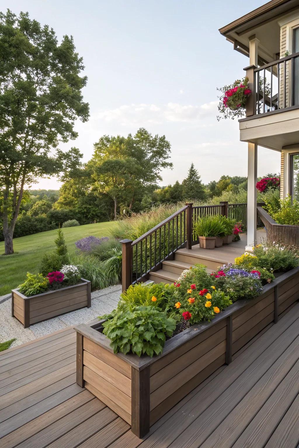 Integrate nature with planter boxes on your deck.
