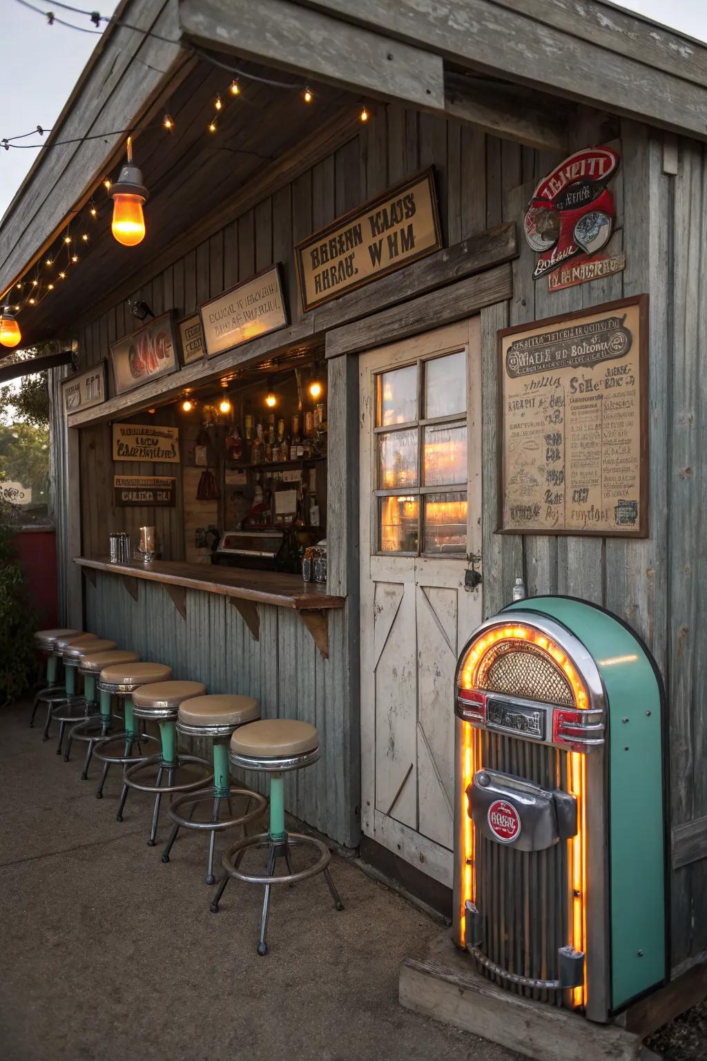 A vintage vibe bar shed brings nostalgic charm to any backyard.