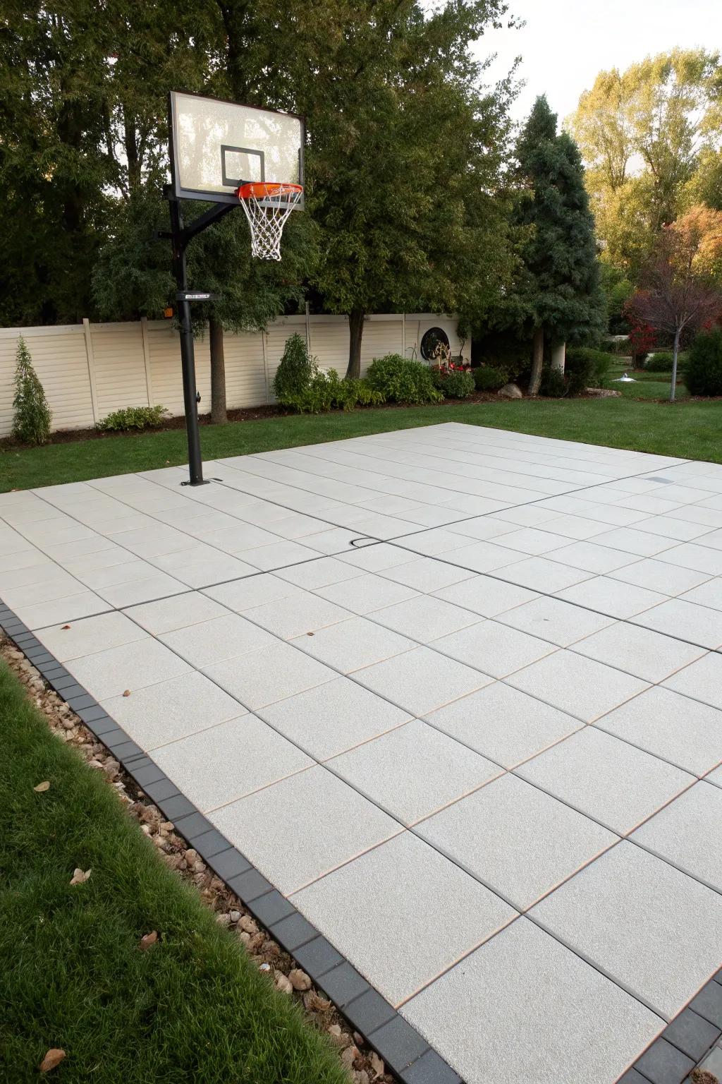 A basketball court featuring a durable and stylish tiled surface.