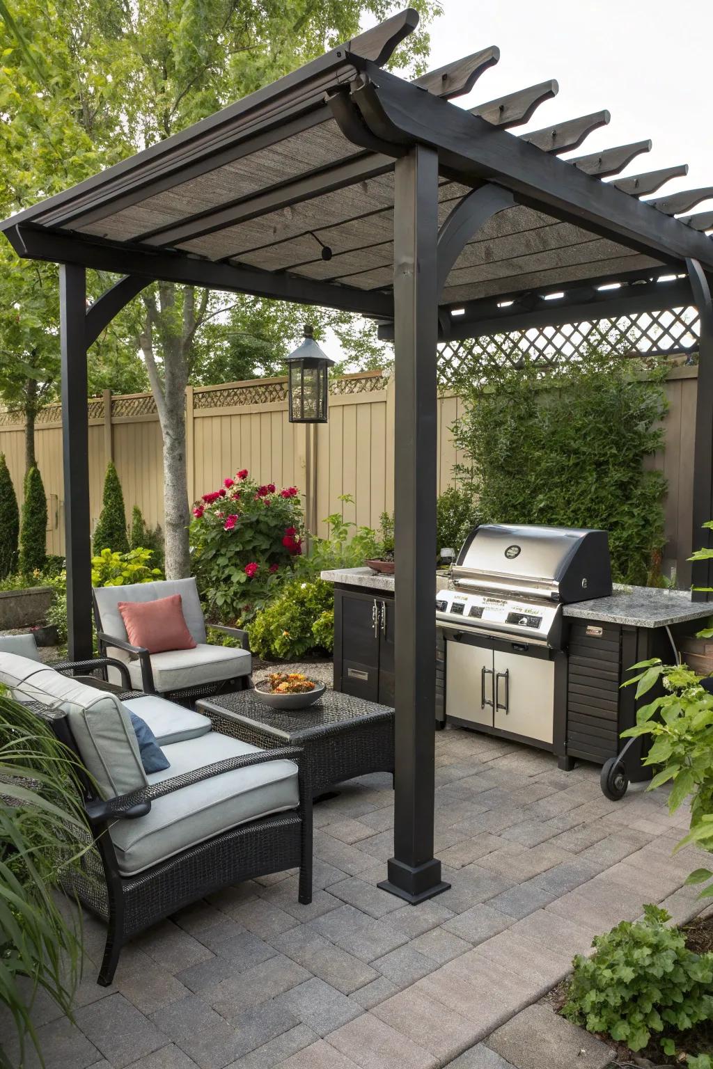 A pergola adds shade and style to your BBQ setup.