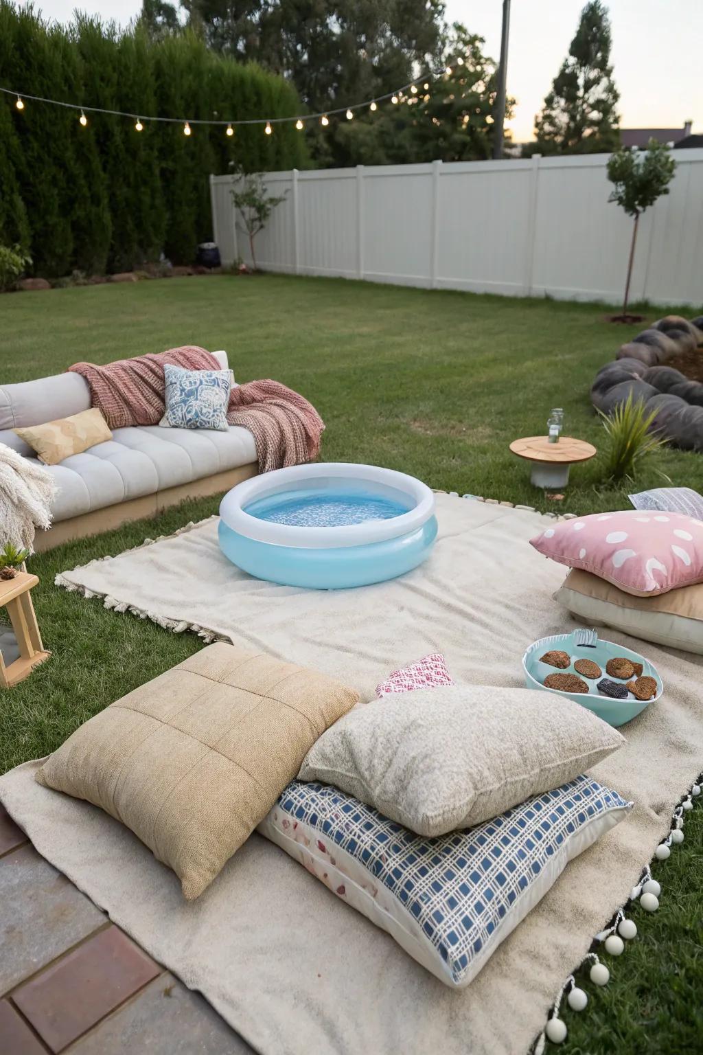 Backyard relaxation area with blankets, cushions, and a small inflatable pool.