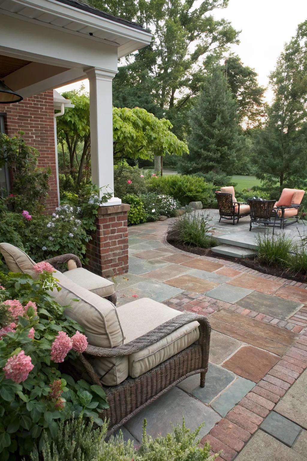 The fusion of brick and flagstone offers a whimsical and natural aesthetic.
