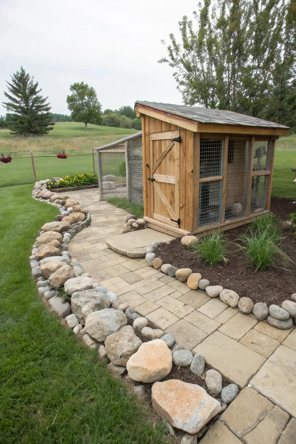 Natural stone accents add elegance to the chicken coop area.