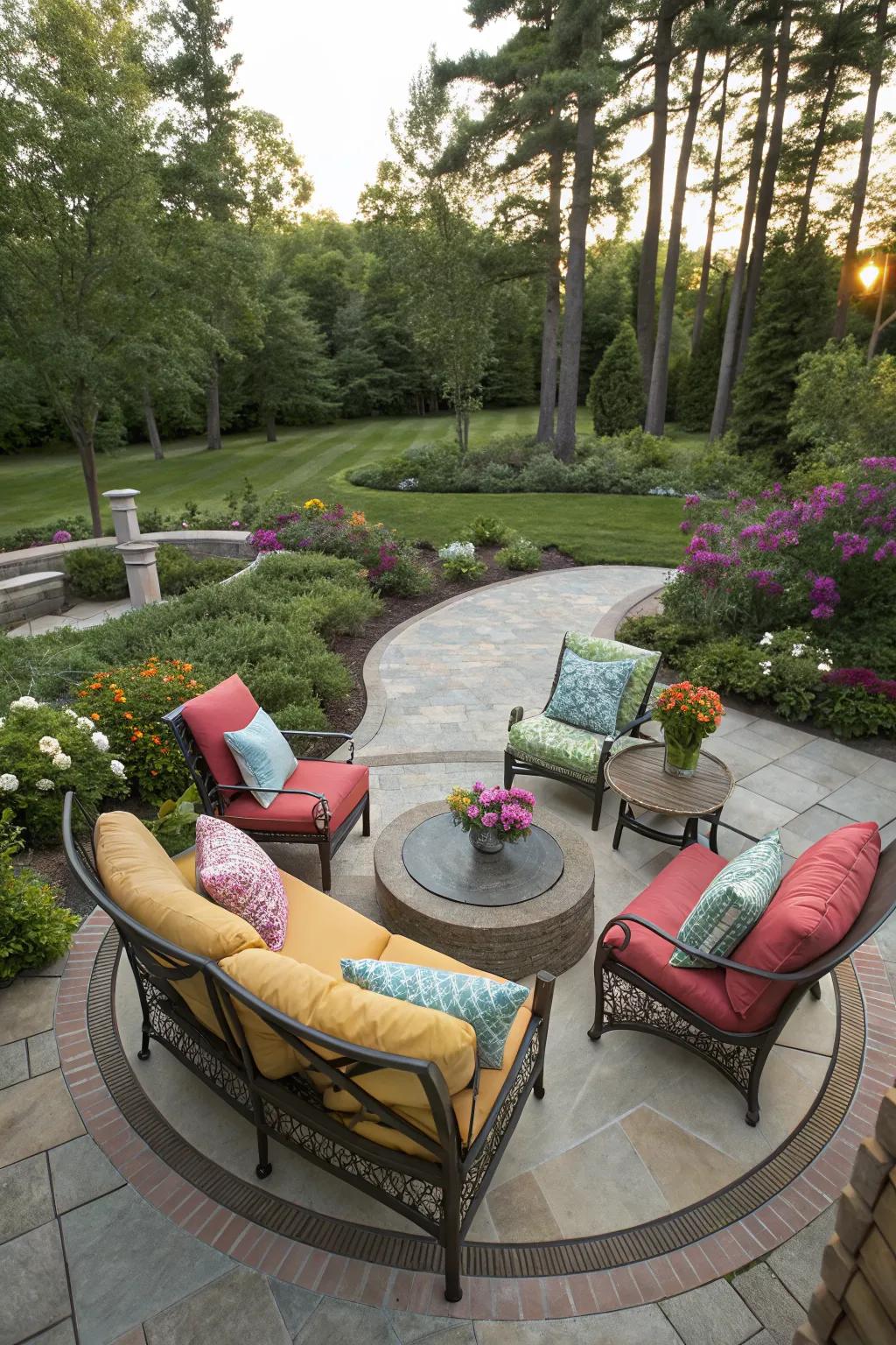 Inviting seating arrangements on a circular patio with vibrant cushions.