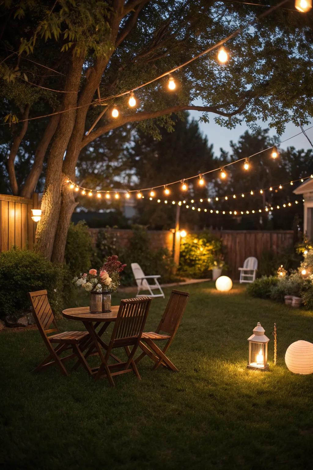 A backyard cottage aglow with string lights and lanterns.