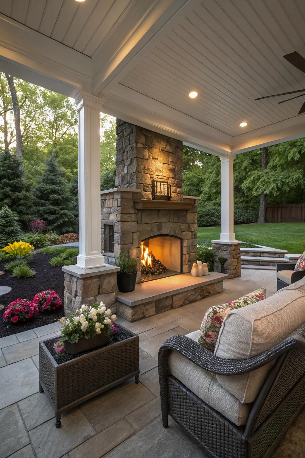 A cozy fireplace adding warmth to a covered porch.