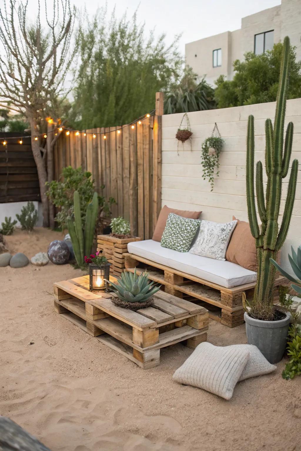 Pallet seating areas offer comfort and creativity on a budget.