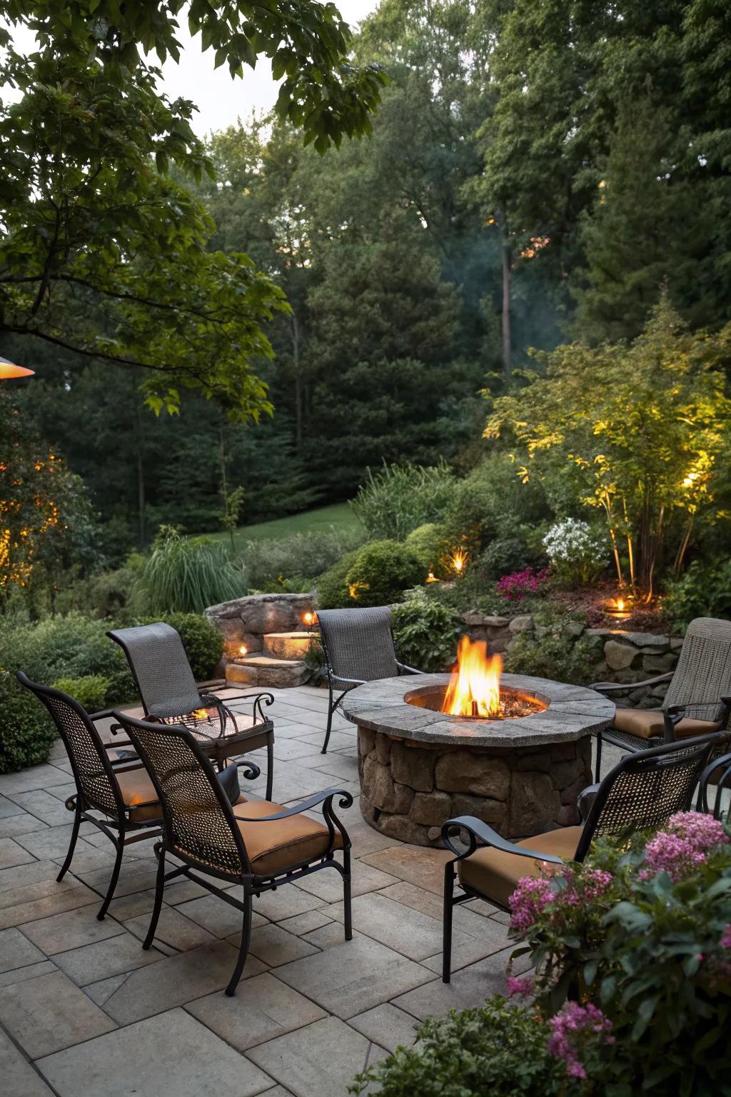 A fire pit adds warmth and serves as a beautiful focal point for gatherings.