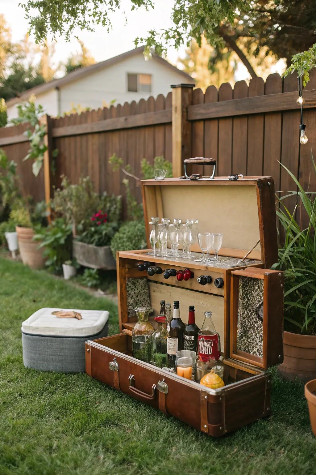 A vintage suitcase bar cart adds a unique twist to drink serving.