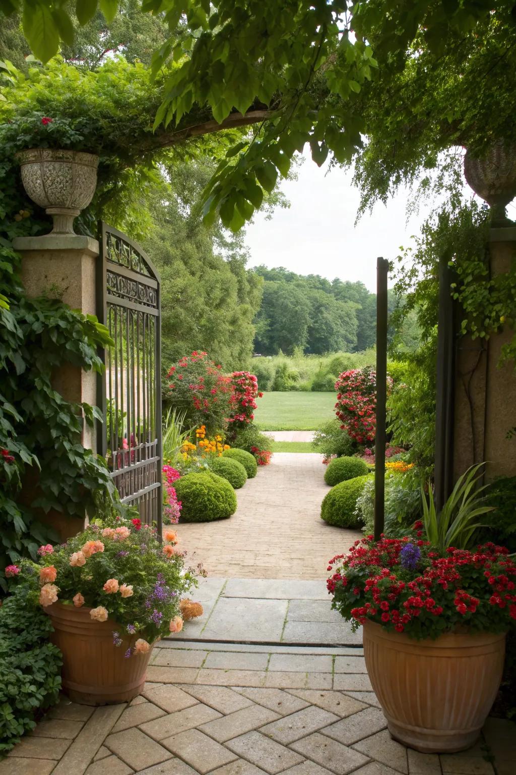 A backyard entrance framed by lush potted plants and colorful flowers.