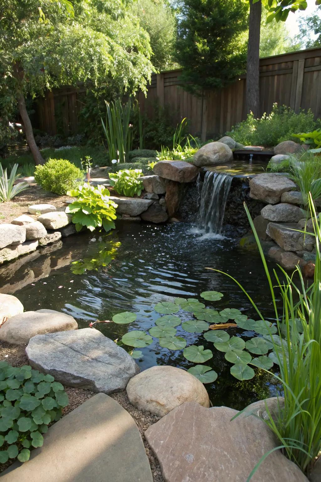 A waterfall feature adds soothing sounds and visual appeal.
