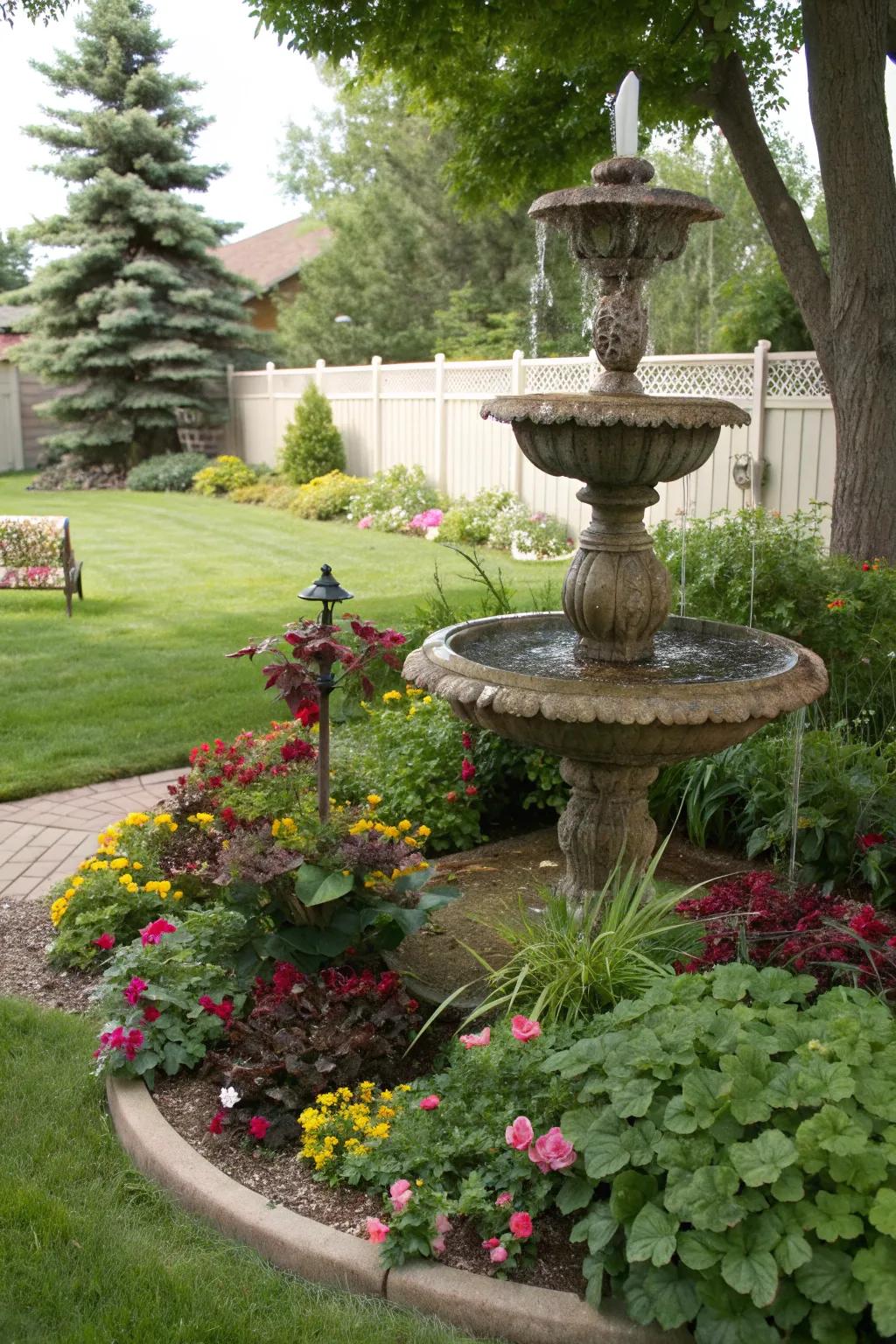 A garden-integrated fountain blends beautifully with nature.