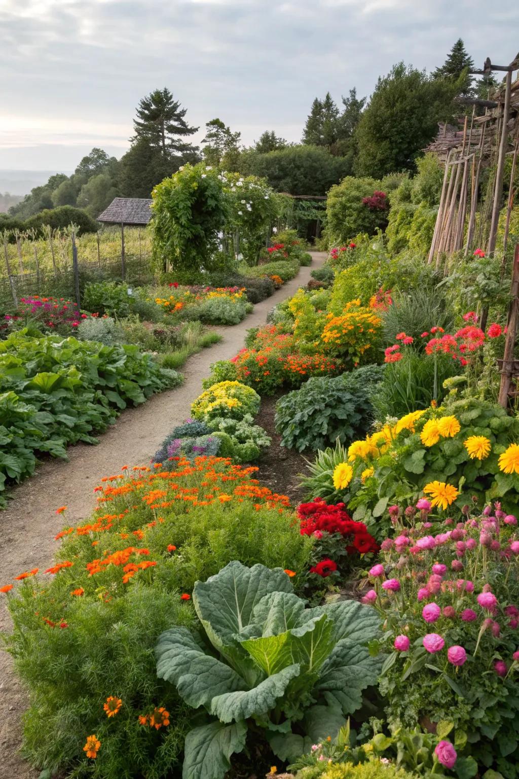 A diverse planting arrangement with various plant types.