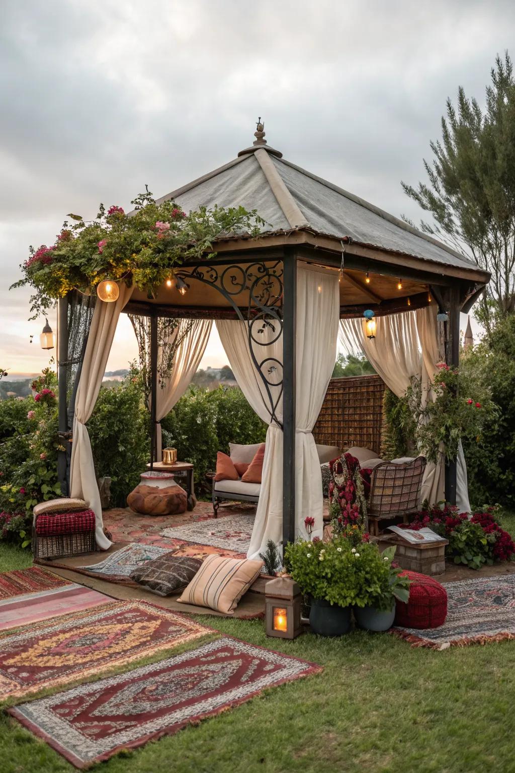 Layered rugs add texture and warmth to this gazebo.