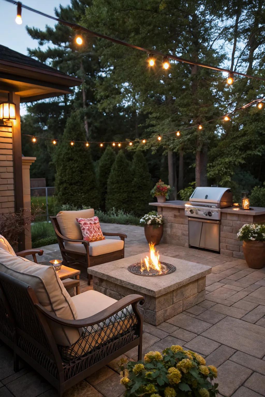 A fire pit adds warmth and charm to your grilling area.
