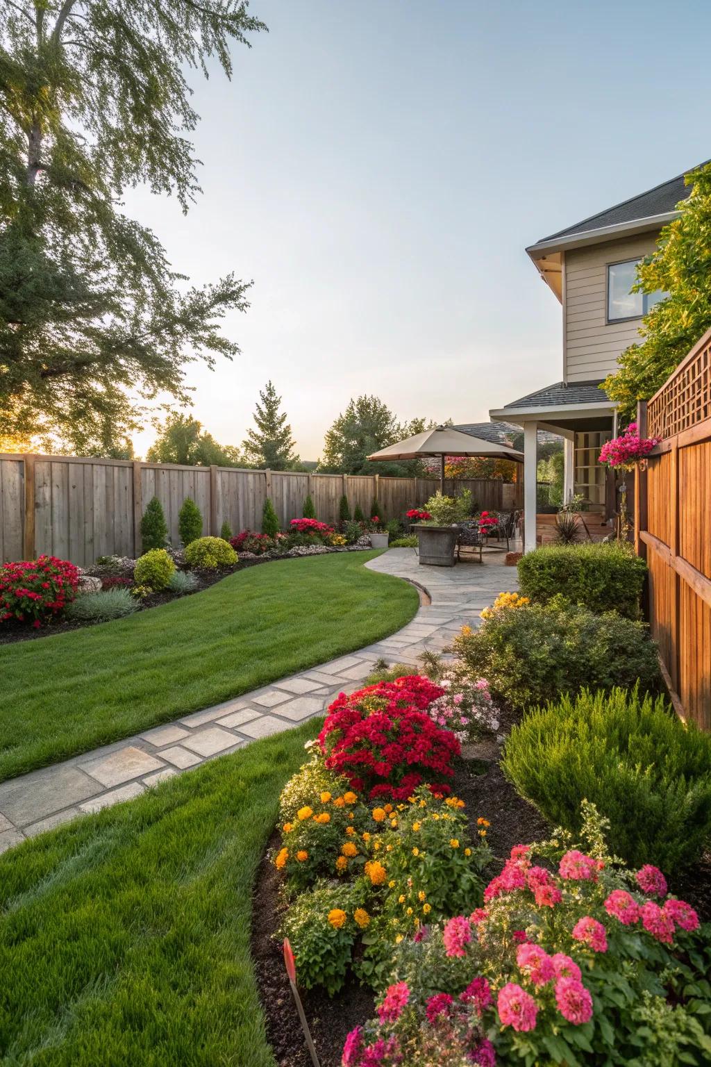 A beautifully landscaped backyard with diverse plant life.