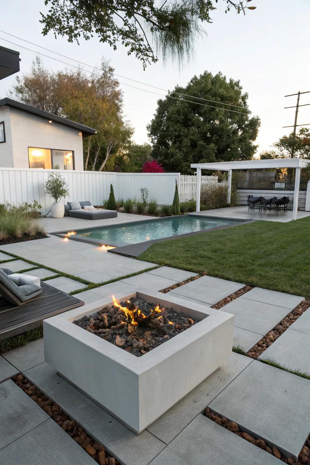 A sleek, modern fire pit adds a minimalist touch to the backyard.