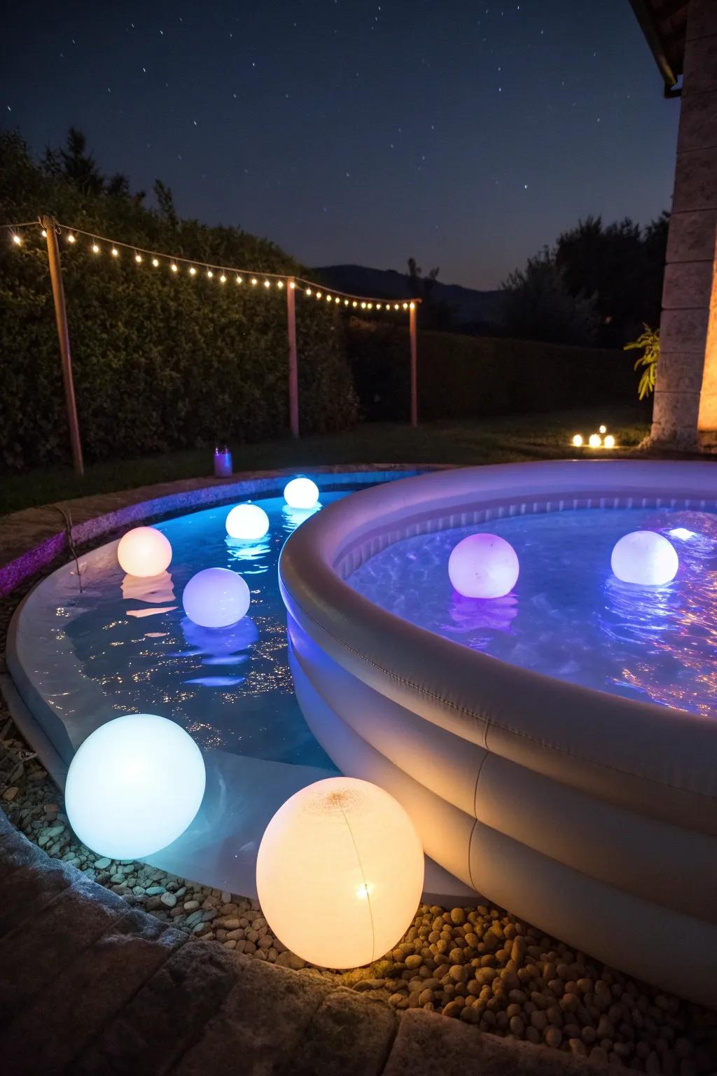 An illuminated pool transforms the night.