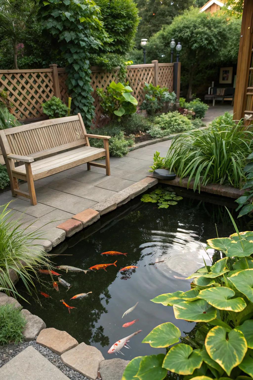 A cozy seating area transforms your pond into a perfect relaxation spot.
