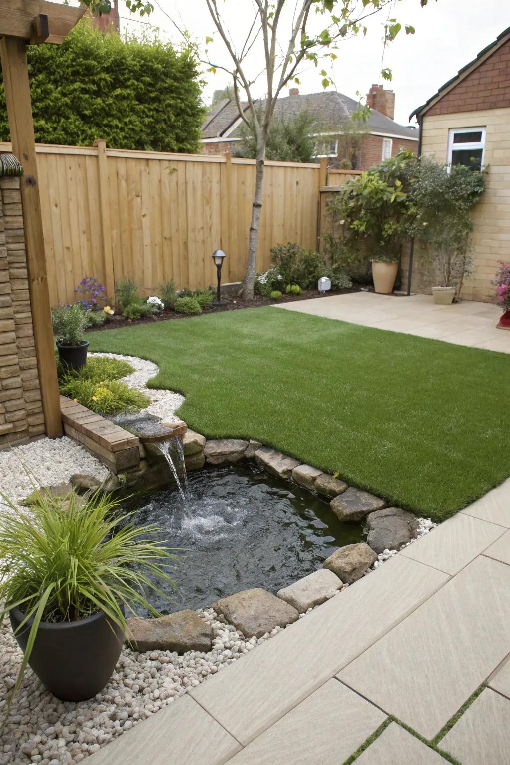 A water feature adds a tranquil touch to any garden.
