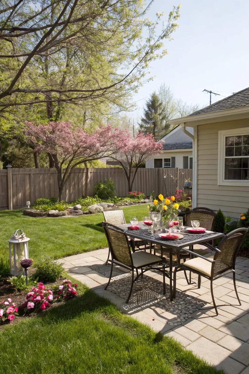 A beautifully arranged patio offering an ideal spot for outdoor gatherings.