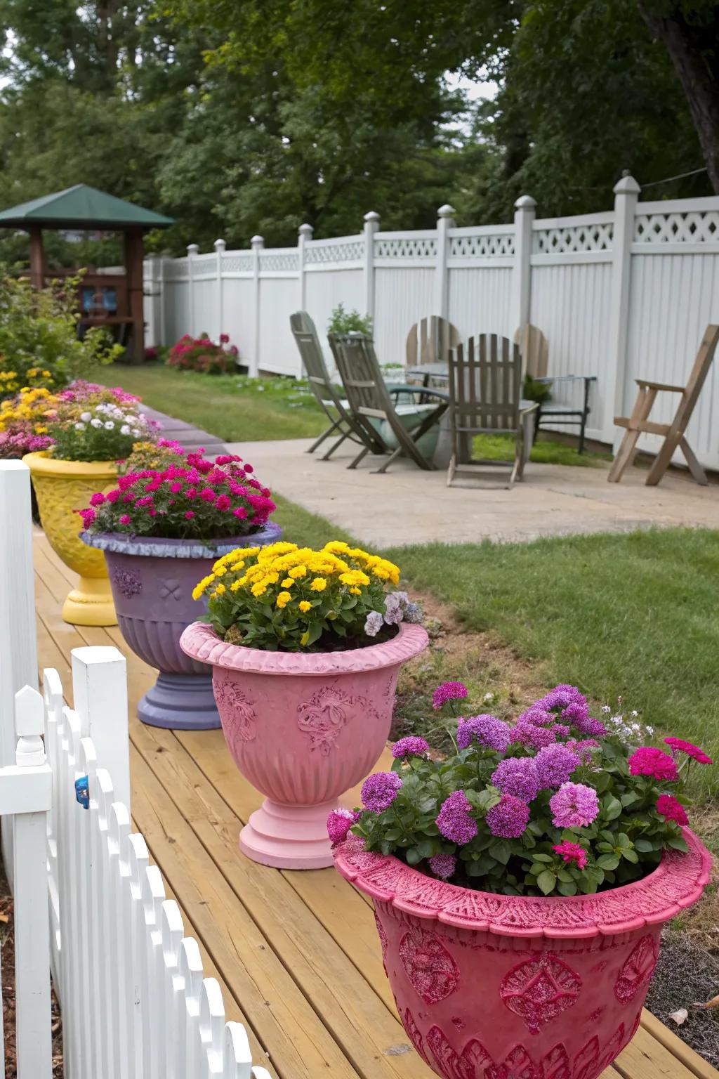 Colorful planters adding life to a backyard.