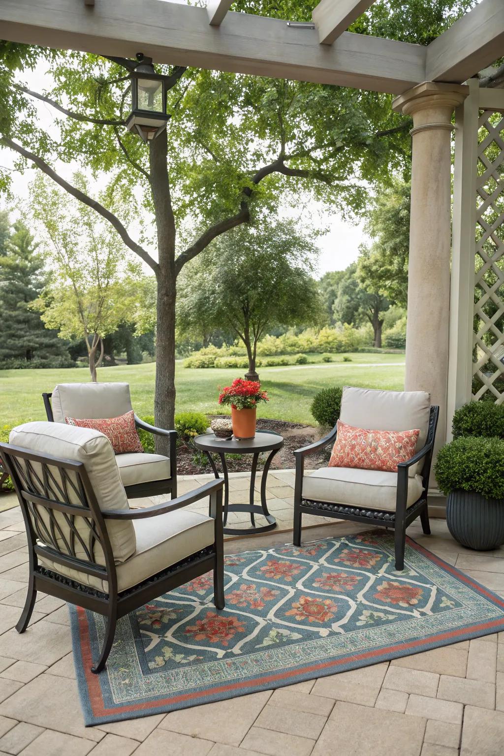 An outdoor rug can anchor your backyard living room.