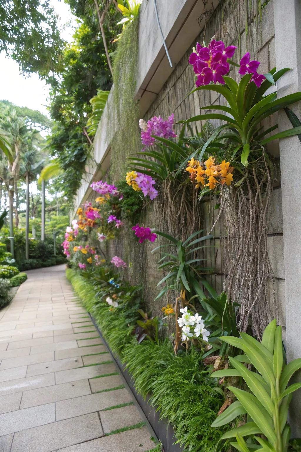 A lush vertical garden adorned with climbing orchids.