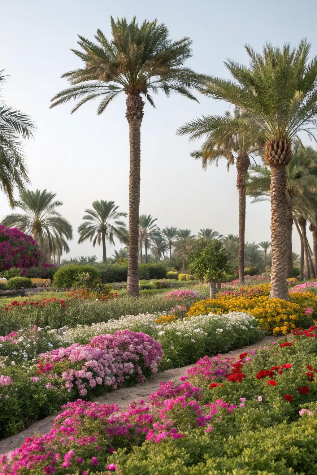 A mix of palms and vibrant plants adds depth to your garden.