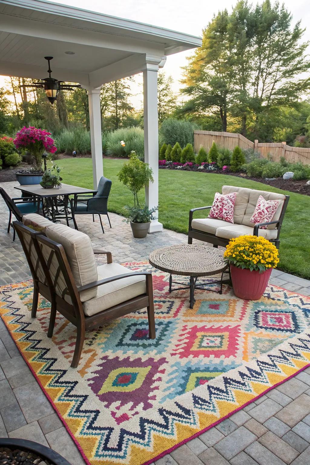 A vibrant outdoor rug defines the seating area