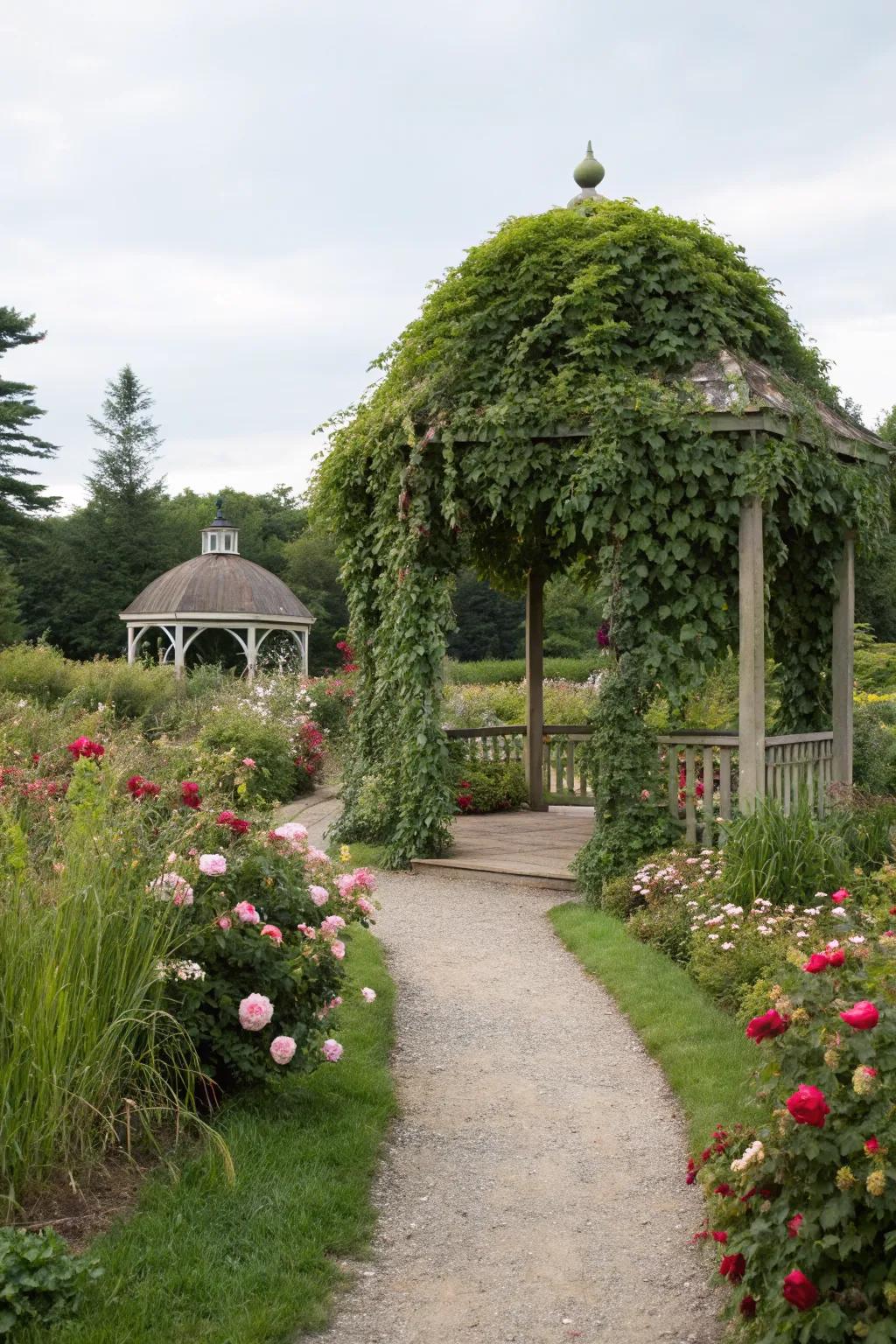 A lush, secret garden gazebo oasis.