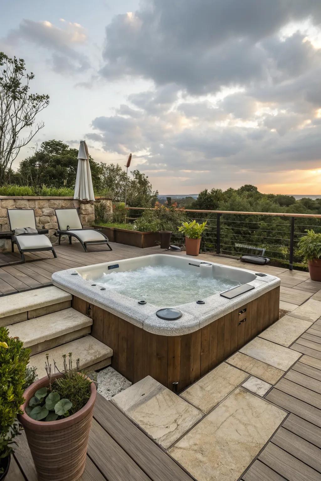 A hot tub on a stylish deck with elegant stone tiles.