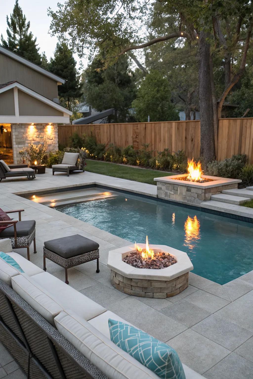 A modern fire pit creating a cozy atmosphere by the pool.