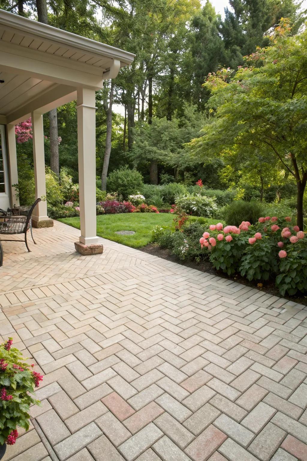 Herringbone brick pattern creating a stylish patio.