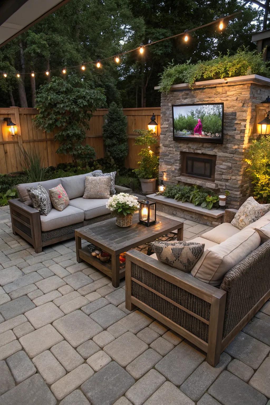 An outdoor living space on a paver patio