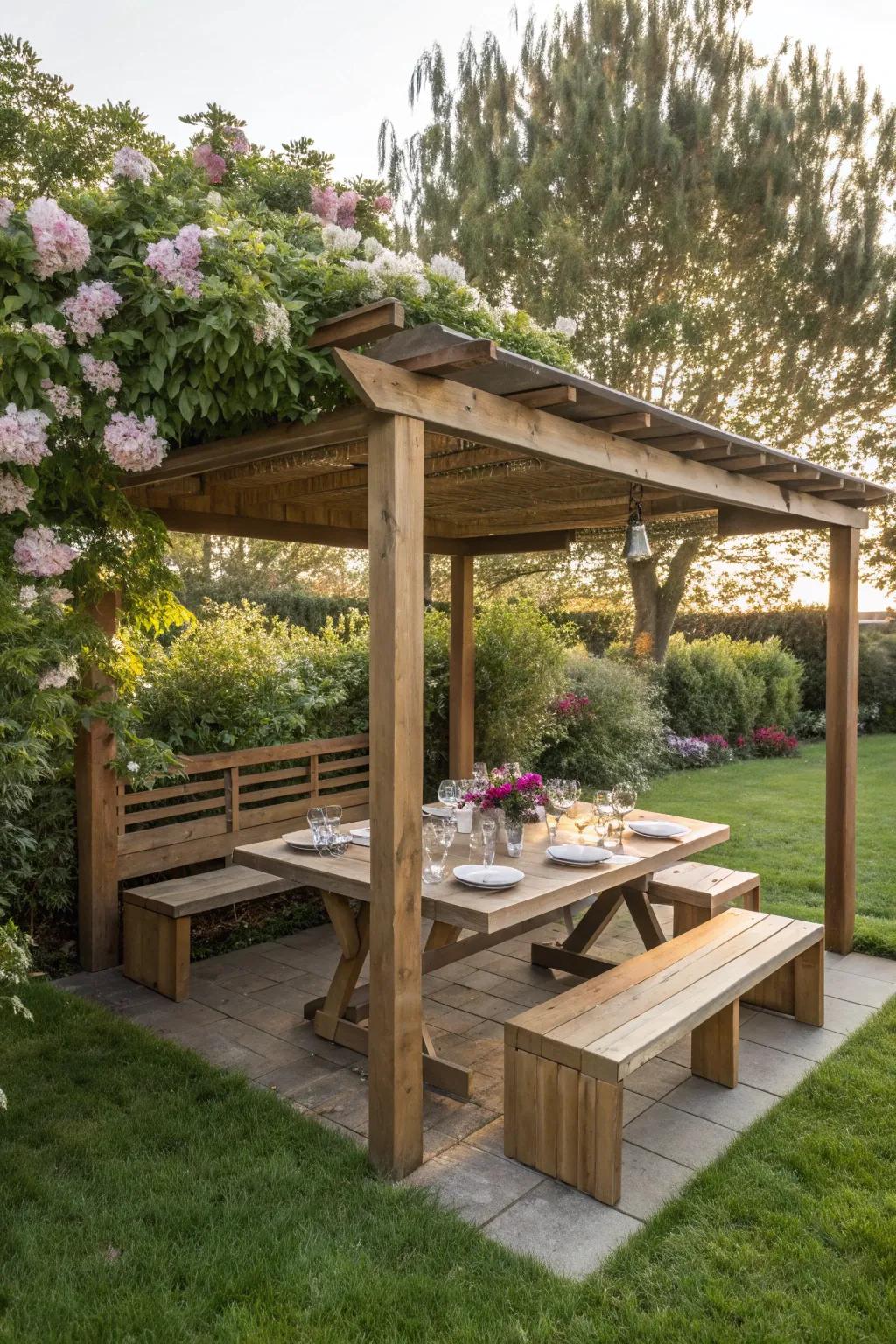 Enjoy seamless style with built-in seating for your picnic shelter.
