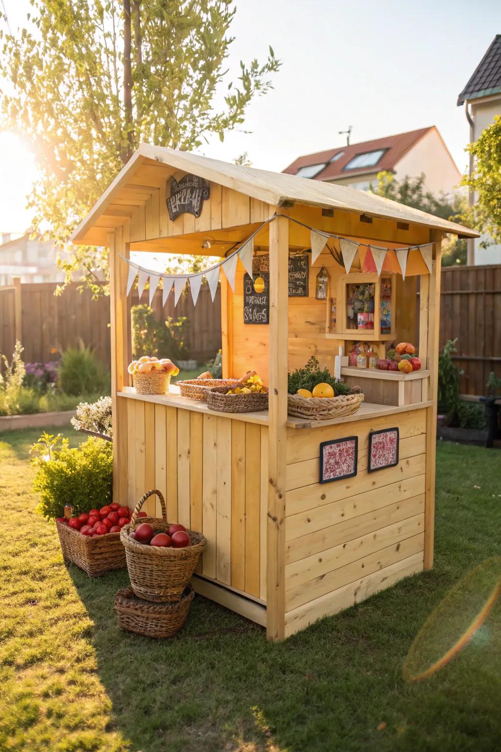 A market stall playhouse encourages imaginative play.