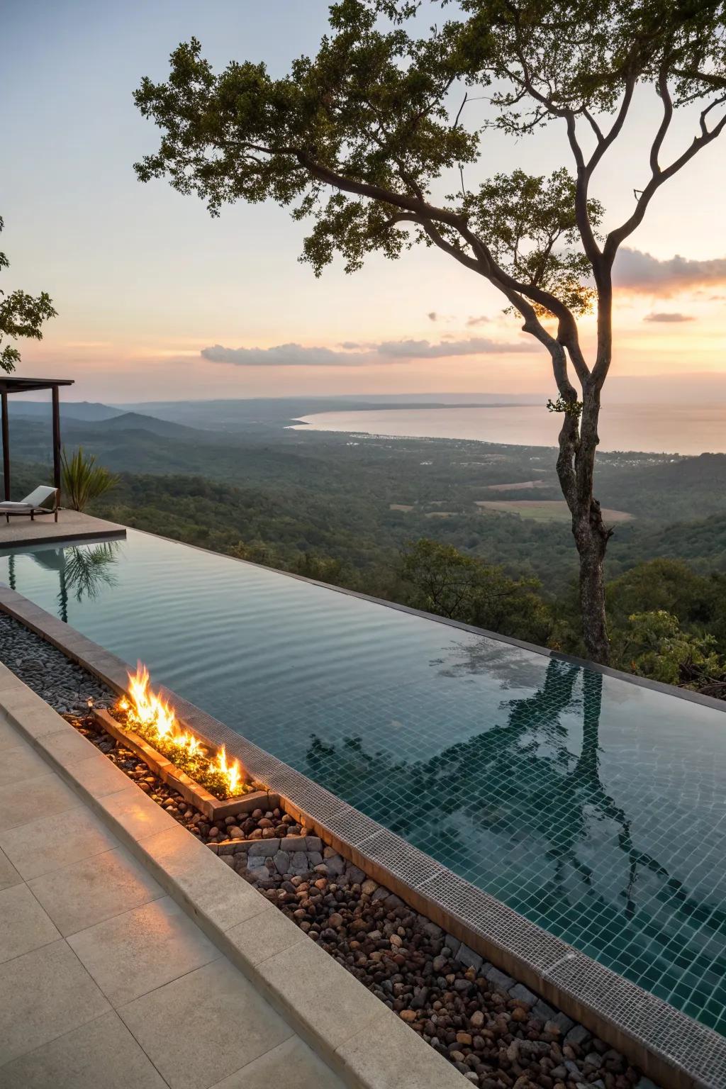 An infinity pool with a fire feature blends luxury with stunning views.