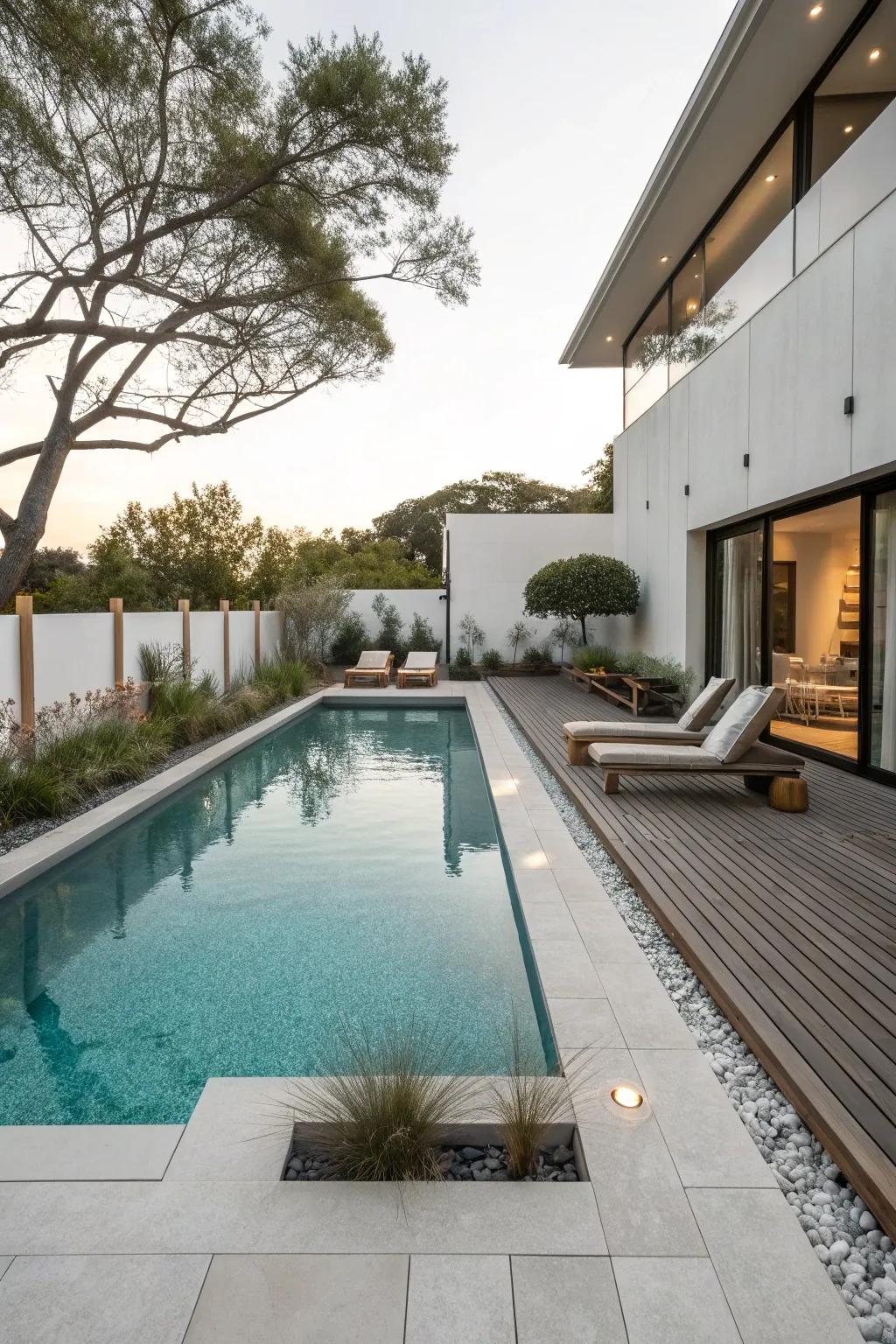 A minimalist modern pool area with clean lines and sleek furnishings.