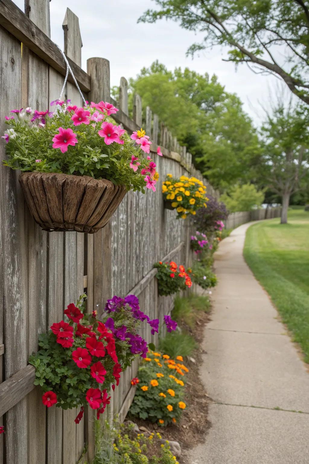 Wooden fences with planters combine structure with natural beauty.
