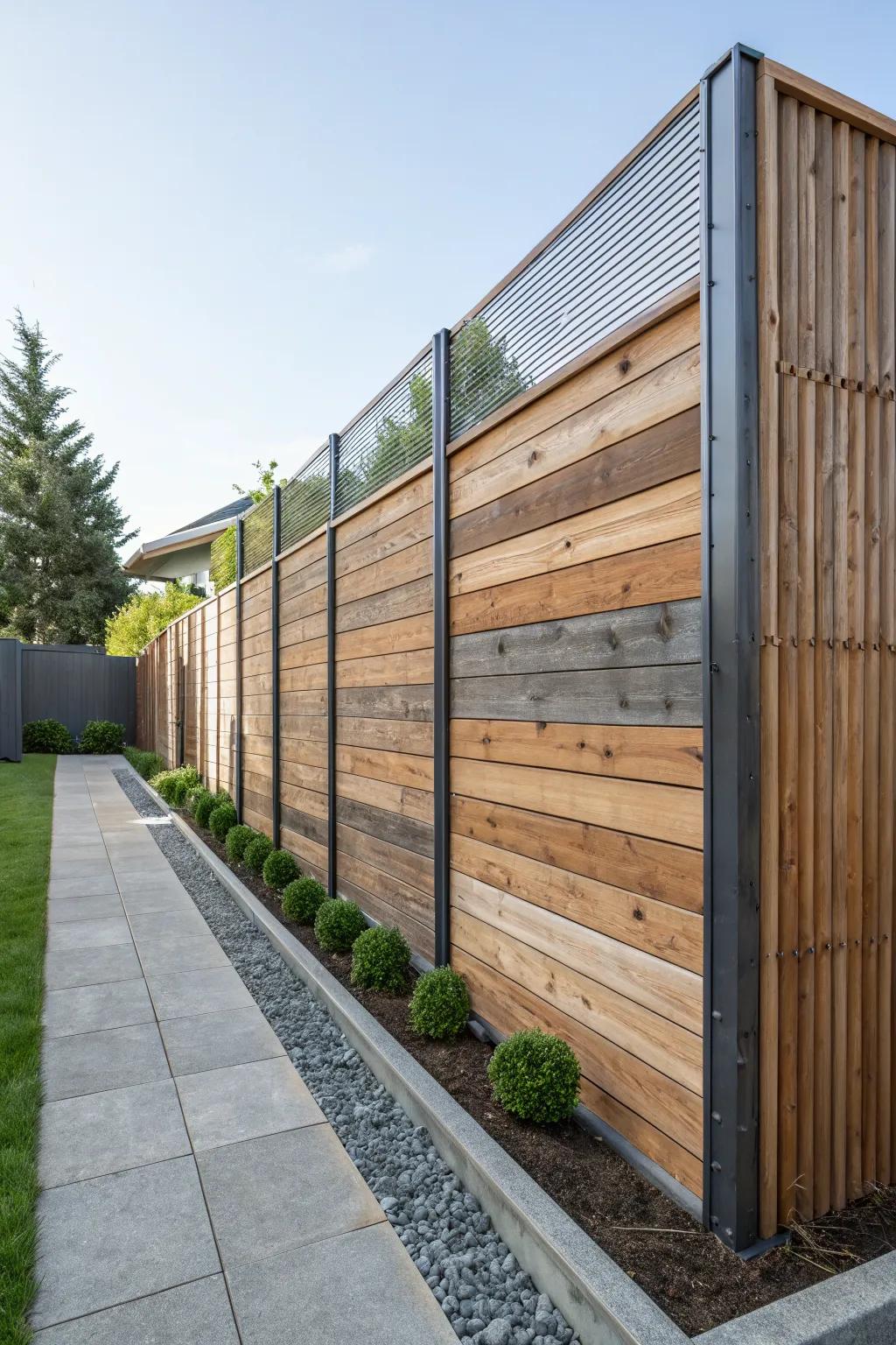 Mixed materials create a distinctive and modern privacy wall.