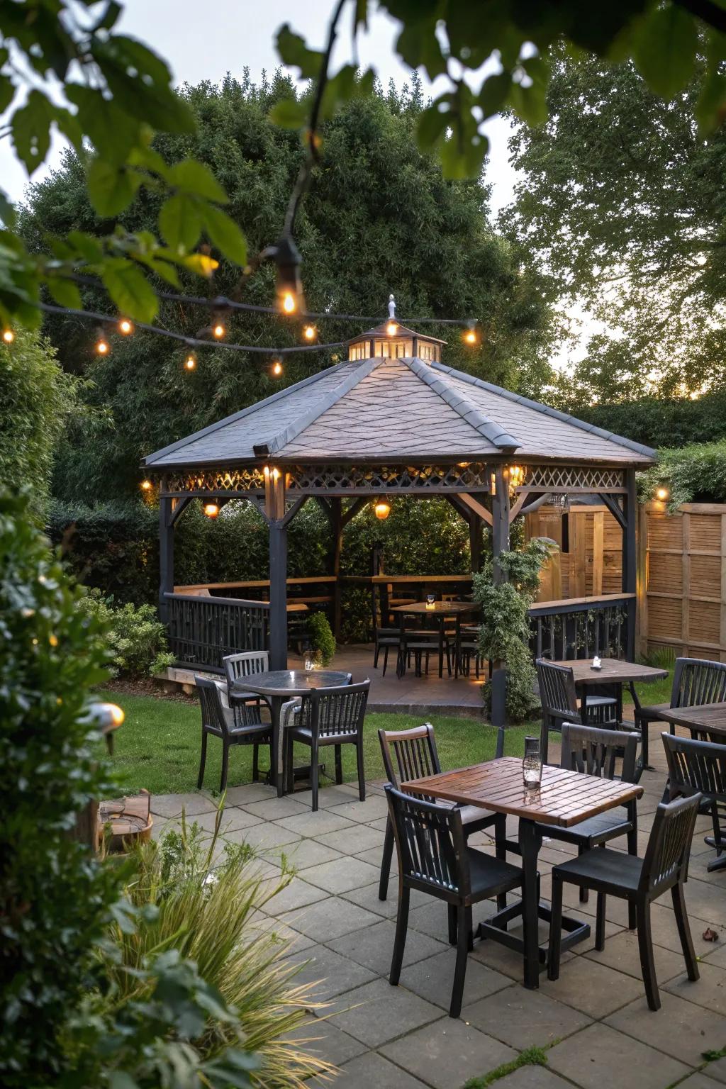 A backyard gazebo offers shelter and style for your pub.