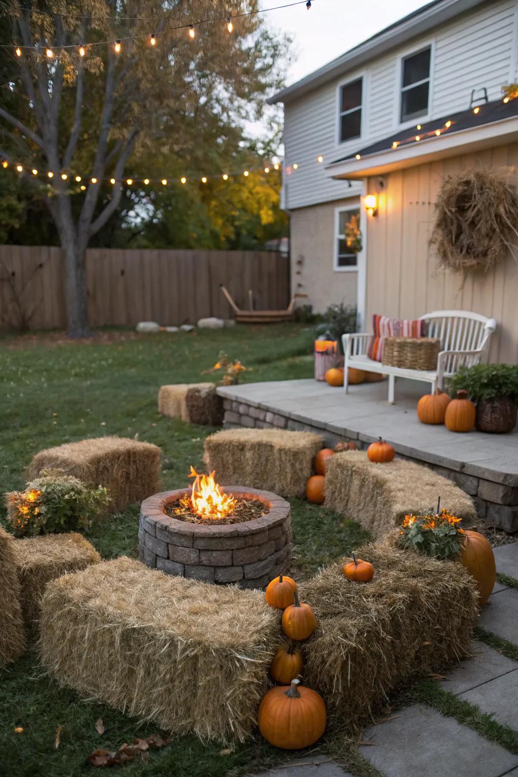 Hay bale seating adds a rustic touch to your backyard festivities.